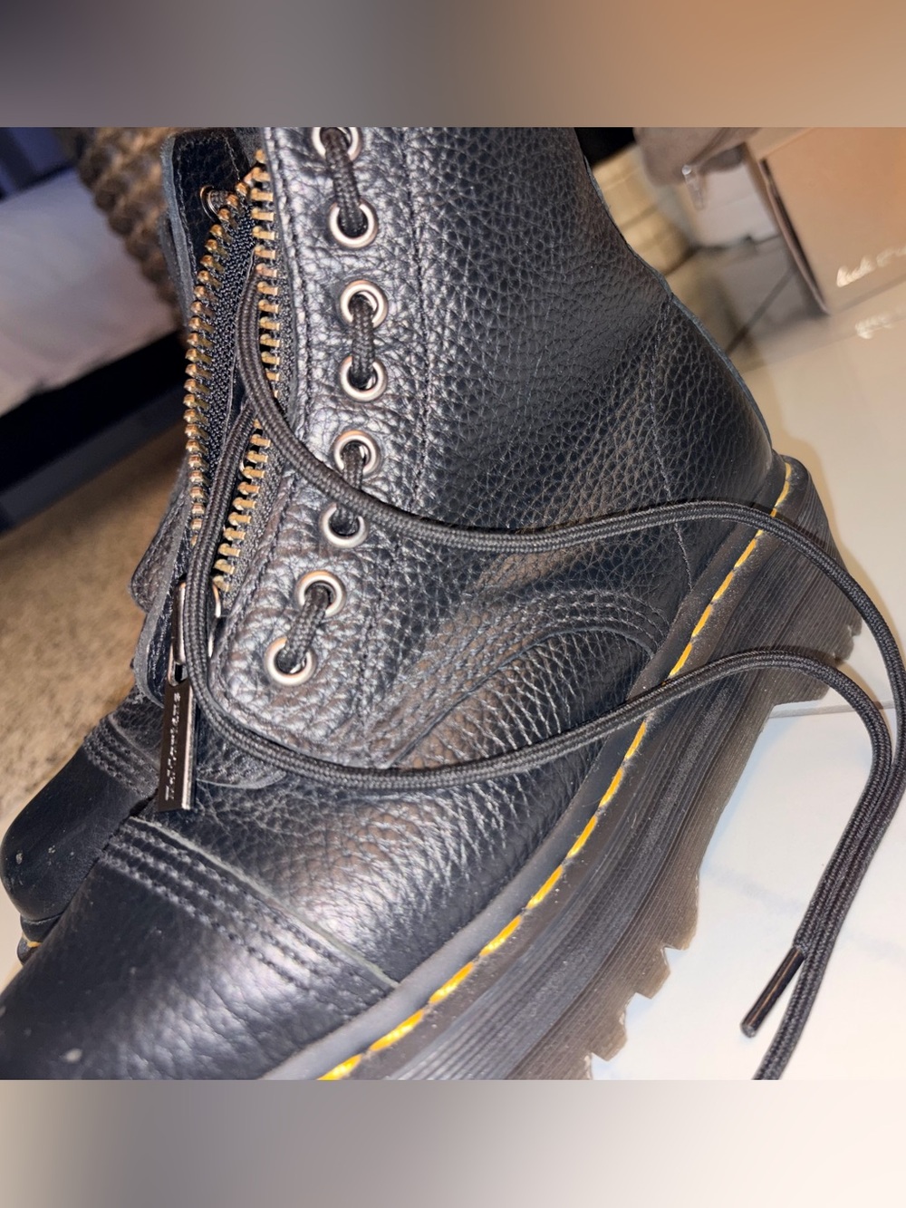 Dr. Martens Black Leather Platform Combat Boots with Yellow Stitching